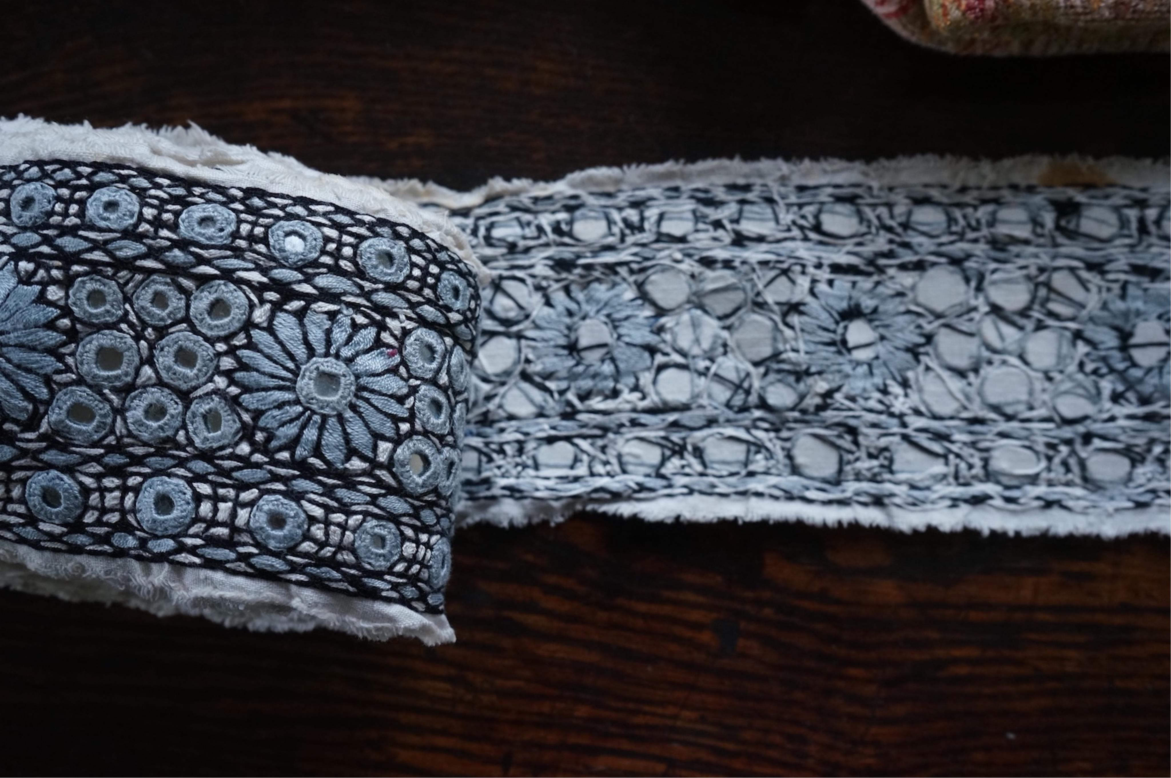 A long narrow length of grey Ikat woven fabric, a roll of Indian mirrored edging, a geometric batik printed length and a woven paisley ‘style’ tasselled stole. (4). Batik 392cm long x 108cm wide., Condition - good, all a